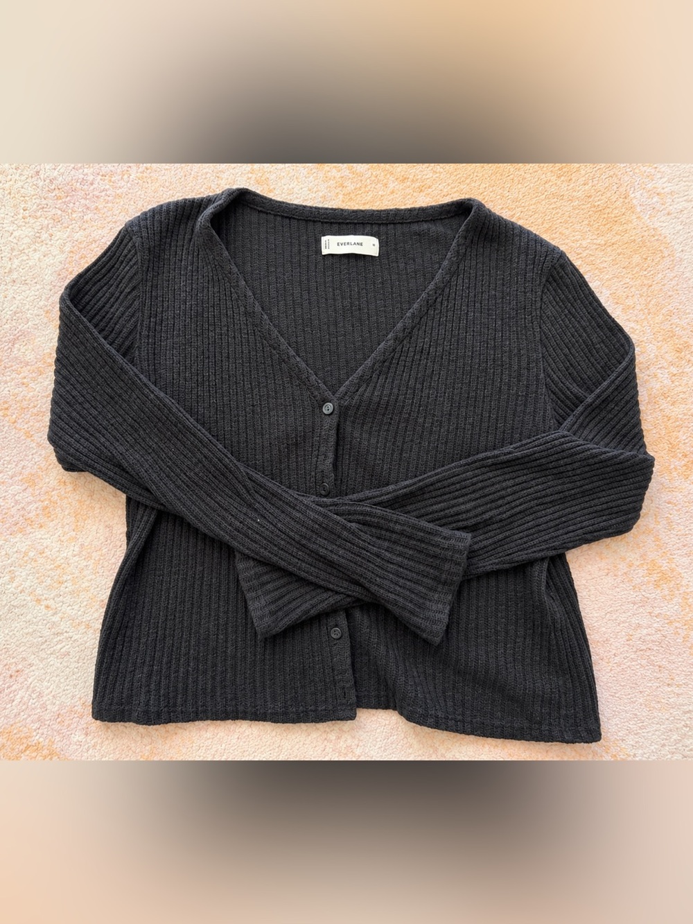 Everlane Black Ribbed V-Neck Button-Front Cardigan